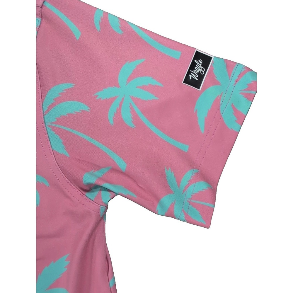 Waggle Golf Polo Shirt Mens Large Pink Blue Palm Trees AOP Performance Stretch - Picture 8 of 9